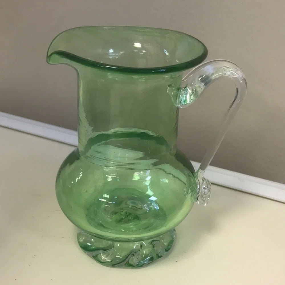 Vintage Signed Green Handblown Glass Pitcher w/ Applied‎ Clear Glass Handle&Base